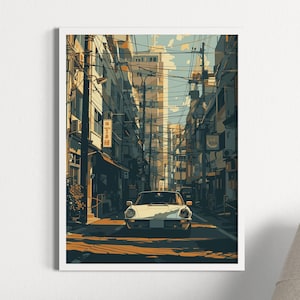 Retro Tokyo Street Poster – Anime Style Urban Car Scene Wall Art - Vintage Car Print - Tintzy