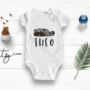 Raccoon Baby Grow - ( Tintzy ™ ) Organic Baby Clothes , Raccoon Gifts , Personalised Baby Gift , Woodland Baby Romper ,