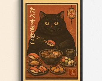 Ramen Cat Wall Art – Japanese Food Poster | Kawaii Black Cat Eating Ramen Print | Vintage Japan Restaurant Decor | Cute Cat Kitchen Art |
