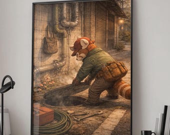 Impressão de arte de rua de panda-vermelho – Ilustração de beco japonês | Arte de parede fofa com animais trabalhadores | Decoração urbana aconchegante e fantástica - Tintzy