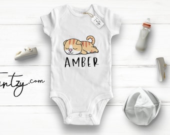 Cute Cat Baby Grow , Personalised Organic Baby Clothes - Tintzy - Baby Shower Announcement , Cat Baby Outfit, Cat Mum , Cat Lover , Kitten
