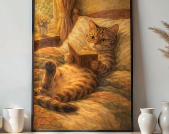 Cat Reading Book Wall Art Print – Cat Bedroom Artwork, Cute Cat Illustration, Book Lover Gift, Warm Home Decor - Tintzy