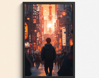 Póster de la calle Atardecer en Tokio: Impresión artística mural con paisaje urbano cinematográfico de Japón - Tintzy