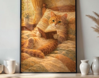 Impression d'art mural chat lisant | Art livre de chat mignon pour le salon et la chambre | Jolie illustration de chat, cadeau pour les amoureux des chats - Tintzy