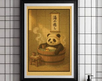 Japanse panda in een bad onsen muurkunst print – gezellige badkamer illustratie, grappige dierenprint, schattig douchedecor - Tintzy