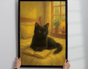 Black Cat Reading Wall Art Print | Cozy Book Lover Illustration | Vintage-Style Cat Artwork for Bedroom, Library or Reading Nook | Literary