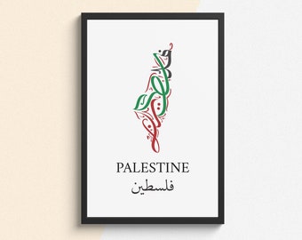 May include: A framed print with a calligraphic design of the word "Palestine" in Arabic and English. The design is in the shape of the country of Palestine, with green, red, and black colors.