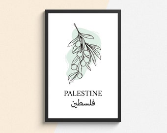 May include: A black and white line drawing of an olive branch with green watercolor accents. The text "PALESTINE" and "فلسطين" is below the image.