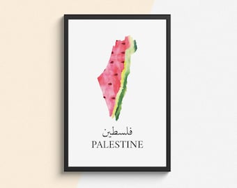 May include: A framed print of the outline of Palestine, shaped like a watermelon. The text "Palestine" is written in English below the image, and the Arabic word for Palestine is written above the image.