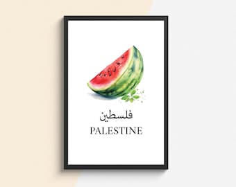 May include: A watercolor painting of a slice of watermelon with green leaves and the words "Palestine" and "فلسطين" in English and Arabic.