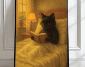 Impression d'art mural chat noir avec des lunettes sur la lecture - Décoration de chambre à coucher et de salon confortable, illustration de livre de chat mignon, art pour animaux de compagnie - Tintzy