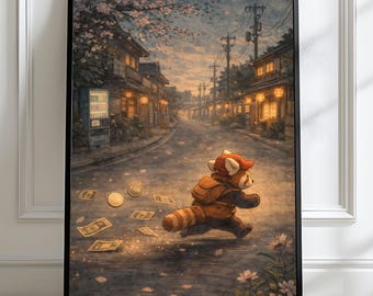 Impressão artística de panda-vermelho para parede, ilustração fofa de animal, pôster de arte urbana japonesa, obra de arte aconchegante para aventura, decoração japonesa para casa - Tintzy