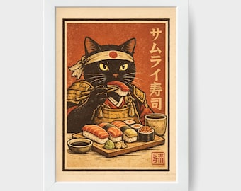 Samurai Sushi Cat Poster | Japanese Warrior Cat Wall Art | Black Cat Eating Sushi Print | Vintage Japan Aesthetic | Kawaii Japanese Decor