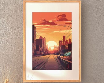 Póster de anime, calle de la ciudad, impresión del amanecer, póster del atardecer, decoración japonesa del hogar, arte de pared del dormitorio, decoración de la sala de estar - Tintzy