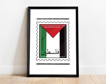 May include: Framed print featuring a stylized stamp design with the Palestinian flag colors: red, white, green, and black. The stamp reads "Palestine Pound" and includes Arabic text. The print is in a black frame.
