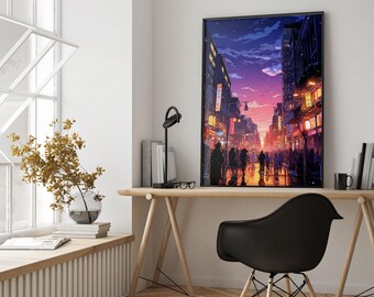 Póster de Tokio Crepúsculo: Arte mural urbano de neón inspirado en el anime - Tintzy