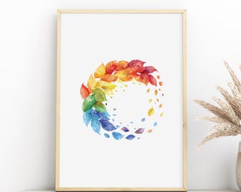 Rainbow Watercolor Leaves Circle Print - Stunning Rainbow Watercolor Poster |  - Tintzy