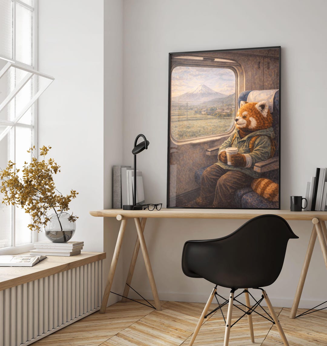 Red Panda Train Art Print With Mount Fuji – Cozy Japanese Wall Art ...