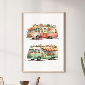 May include: A watercolor illustration of two vintage food trucks decorated with plants and flowers. The top truck is painted pink and the bottom truck is painted green. Both trucks have a white awning.