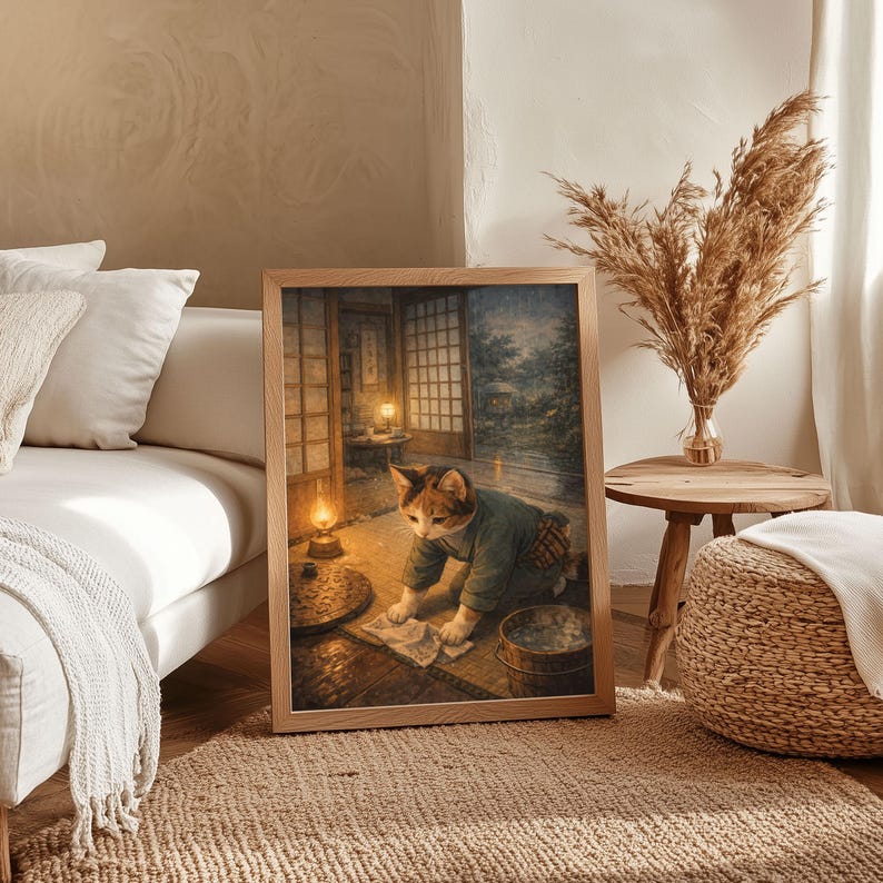 Japanese Cat Wall Art Print – Cozy Studio Ghibli Style Animal ...