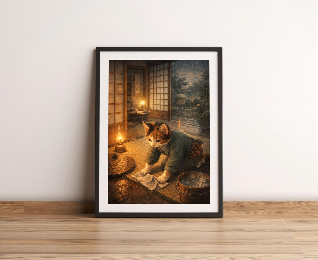 Japanese Cat Wall Art Print – Cozy Studio Ghibli Style Animal ...