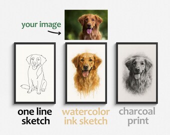 Puede incluir: Tres retratos de perros enmarcados: un boceto de una línea, un boceto de tinta de acuarela y una impresión de carboncillo. El boceto de acuarela y la impresión de carboncillo representan un golden retriever. El texto debajo de los marcos dice "one line sketch", "watercolor ink sketch" y "charcoal print".