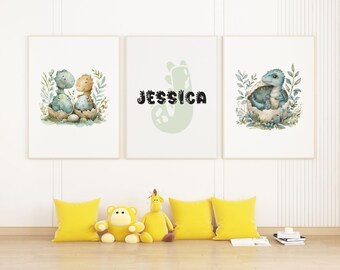 Personalized Dinosaur Nursery Wall Art Set – Custom Name Print with Initial, Baby Room Decor, 200gsm Satin Poster Paper, Kids Dino Print Set