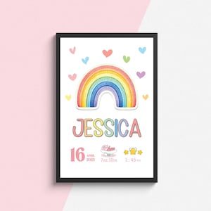 Personalisiertes Baby Geburtsposter - Individueller Regenbogen Namensdruck für Kinderzimmer - Tintzy