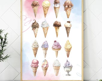 Puede incluir: Una ilustración de acuarela de 18 conos de helado diferentes con varios sabores y coberturas. Los conos están dispuestos en una cuadrícula sobre un fondo blanco con un lavado de acuarela rosa y azul.