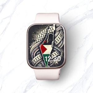 May include: A white smartwatch with a black face. The face features a stylized image of the Palestinian flag in the shape of the West Bank and Gaza Strip. The image is surrounded by a pattern of black and white tire treads. The time is displayed as 12:30.