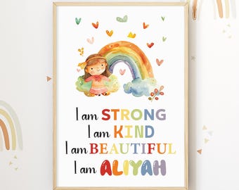 Regenbogen Name Affirmation Poster - I am Print - Baby Mädchen Kinderzimmer Dekor - Tintzy