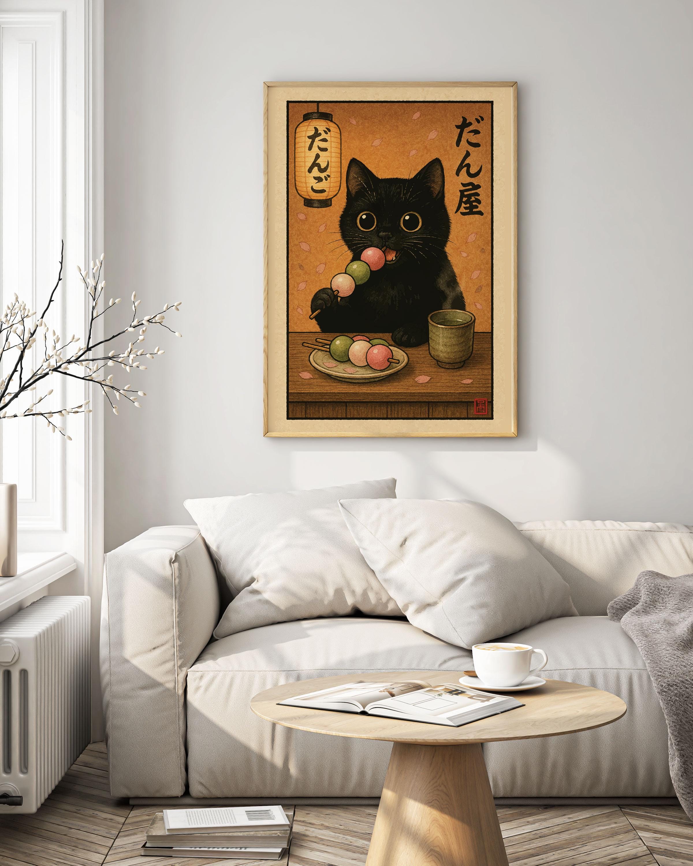 Black Cat Dango Cat Wall Art – Japanese Dessert Art Print | Cat