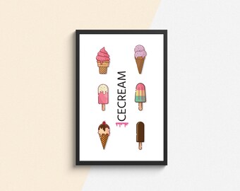 May include: A framed print with the word "CECREAM" in a dripping font and illustrations of different ice cream treats, including cones, cups, and popsicles.