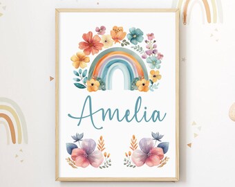 Floral Rainbow Personalized Name Print | Custom Kids Room Decor | Select Different Color Names - Tintzy