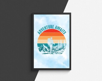 Adventure Awaits Poster - Retro Hiking Print | Outdoor Nature Wall Art | Travel Gift for Explorers - Tintzy