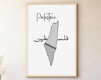 May include: A black and white print of the outline of Palestine with the word "Palestine" and the Arabic word for Palestine written in black.