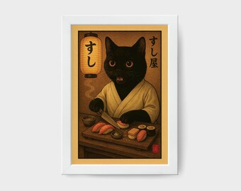Vintage Japanese Black Cat Eating Sushi Poster - Cat Lover Gift - Tintzy