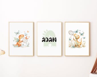 Personalized Dinosaur Nursery Wall Art Set – Custom Name Print with Initial, Baby Room Decor, 200gsm Satin Poster Paper, Kids Dino Print Set