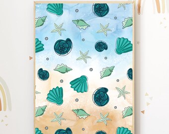 Poster oceaanthema – nautische kinderkamerafdruk | Kust oceaan decor | Aquarel schelpenprint voor kinderen - Tintzy