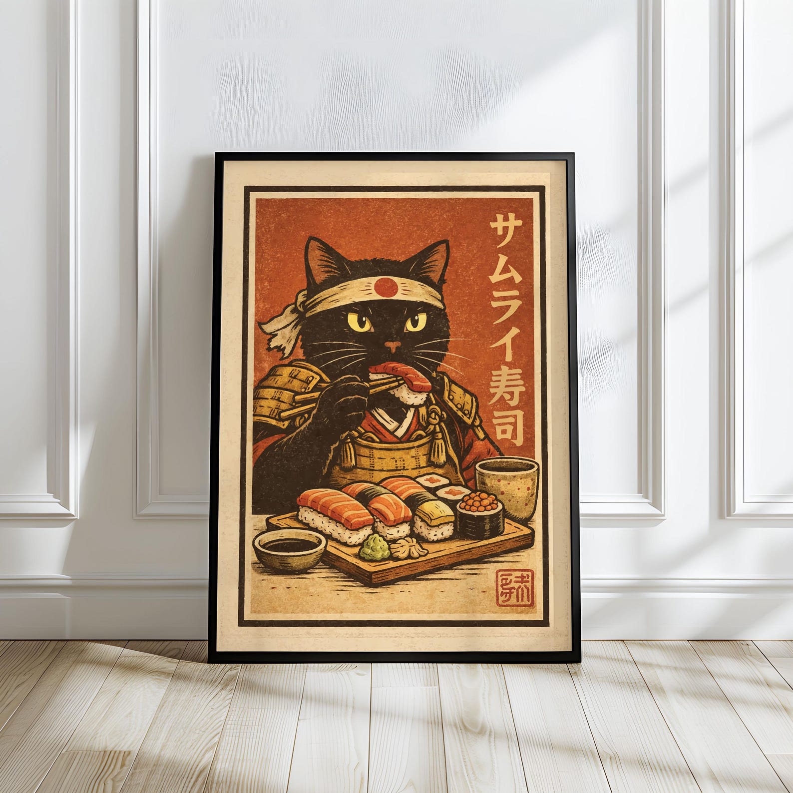 Samurai Sushi Cat Poster | Japanese Warrior Cat Wall Art | Black Cat ...