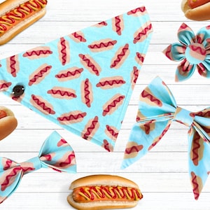 Hotdog Bandana, Personalized Dog Kerchief, Cute Picnic Sailor Bow, BBQ Bow Tie, Sport Snack Food Over The Collar Bandana, Funny Food Flower