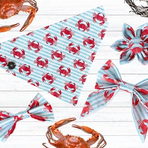 Crab Bandana, Striped Coastal Flower, Cute Nautical Dog Kerchief, Fun Beach Over The Collar Bandana, Funny Cat Bow Tie, New Puppy Sailor Bow