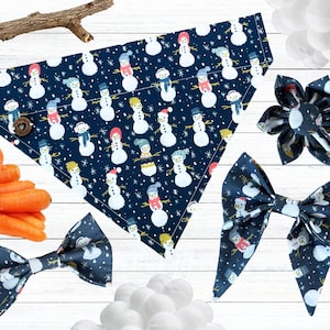 Snowman Bandana, Personalized Slip On Dog Kerchief, Winter Over The Collar Bow Tie, Pet Name Hankie, Cute Puppy Sailor Bow, Snowflake Flower