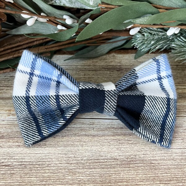 Blue Winter Plaid Bow Tie, Cute Boy Dog Bow Tie For Collar, Fall Cat Bow Tie, New Puppy Adoption Gift, Winter Wonderland Wedding Dog Bow Tie
