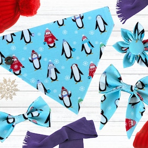 Penguin Bandana, Cute Winter Bow Tie, Personalized Dog Kerchief, Over The Collar Hankie, Slip On Sailor Bow, Pet Name Bandana, Winter Flower