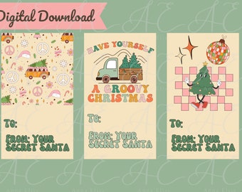 Retro 70s Secret Santa Gift Tags: Printable Christmas Favor (Digital Download)