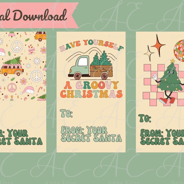 Secret Santa Tag, Printable Secret Santa Tag, Christmas Gift Tag, Retro Christmas, Secret Santa Favor Tag, Digital Download Secret Santa Tag