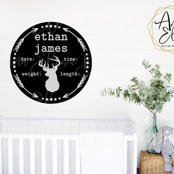 Deer Arrow Black Gray Birth Announcement Round Sign, Hospital Statistics Sign, Ornament, Sublimation, Template, Personalize,