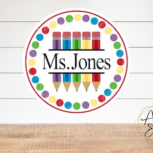 Teacher Round Door Hanger, Colored Pencils, Polka Dots, Split Design, Customized, School, Colorful, Sublimation, Template, Teacher Gift