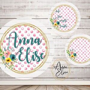 Placa redonda de anúncio de nascimento, bolinhas rosa, placa de anúncio de hospital, modelo de sublimação, floral, dourado, colo de navio branco, estatísticas de recém-nascidos